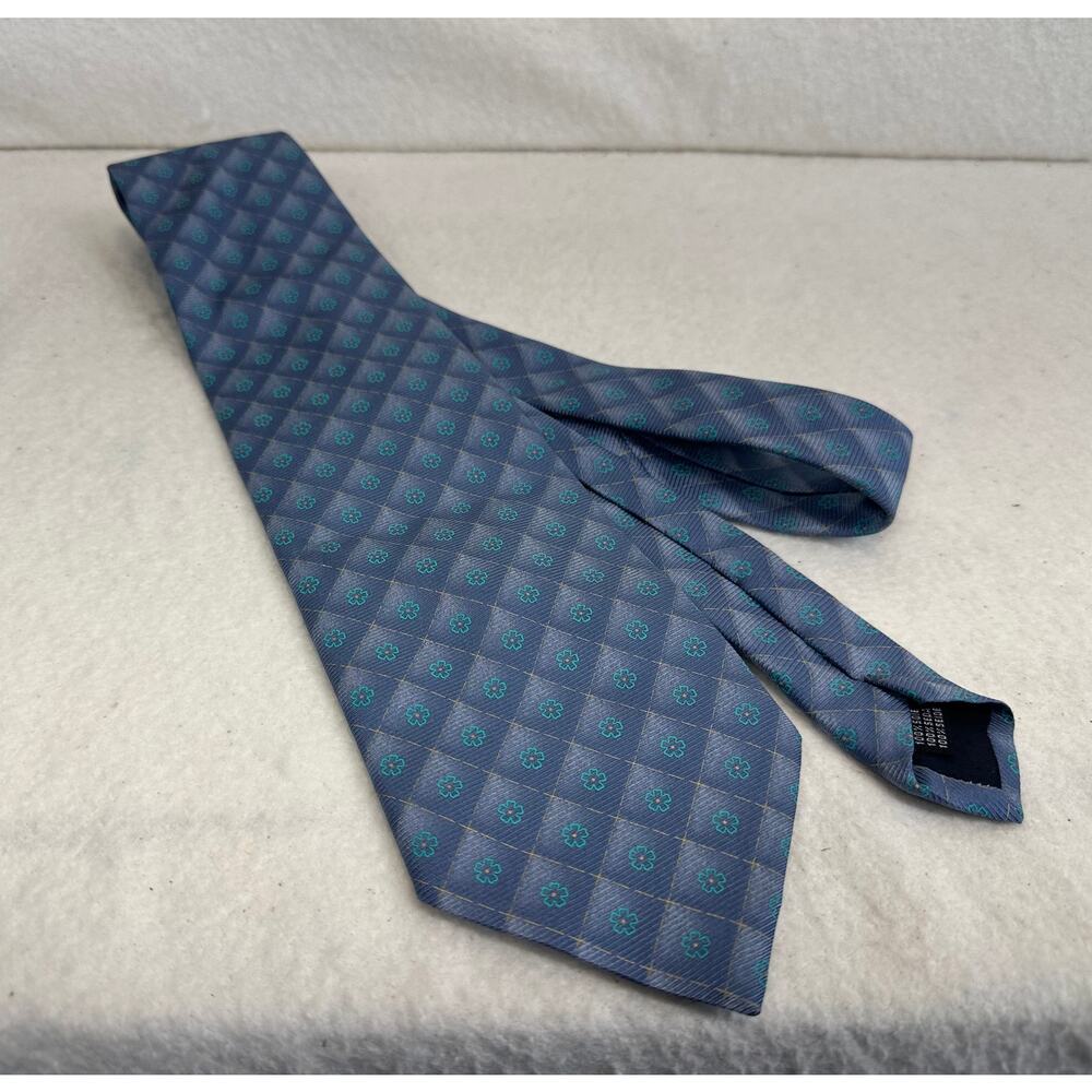 Enrico Rossini 100% Italian Silk Tie Blue Geometric Shape Turquoise Flower